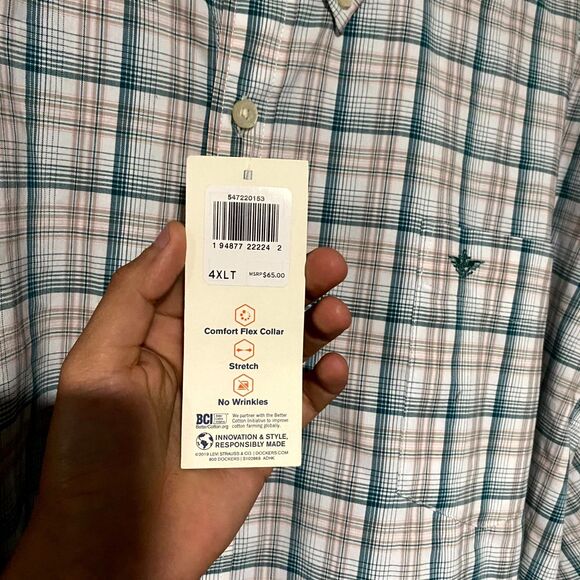 Dockers Button-Up Shirt Men's 4XLT Beige Plaid Comfort Classic Preppy Career - Picture 3 of 8